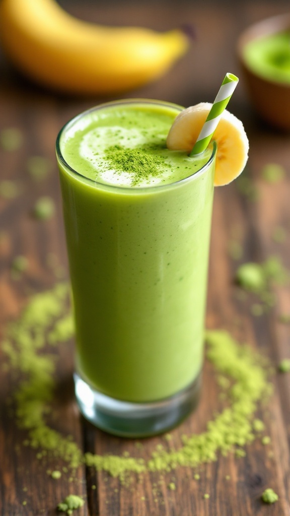 Refreshing Matcha Green Tea Smoothie Recipe A vibrant matcha smoothie topped with banana slice, served in a glass on a wooden table.